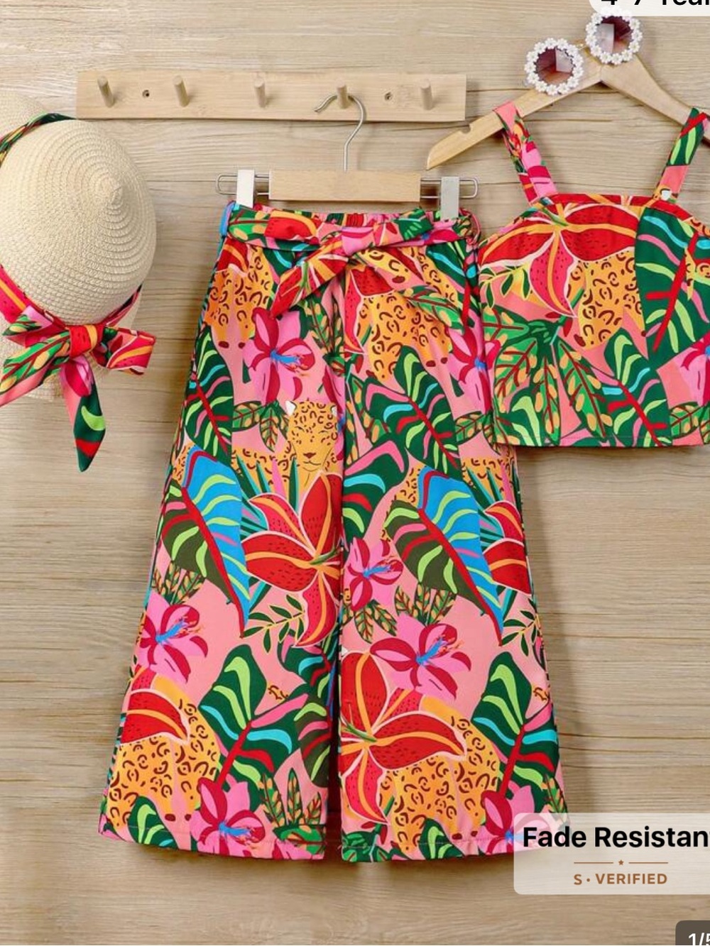 Tropical Pink Floral Two-Piece Set with Matching Hat